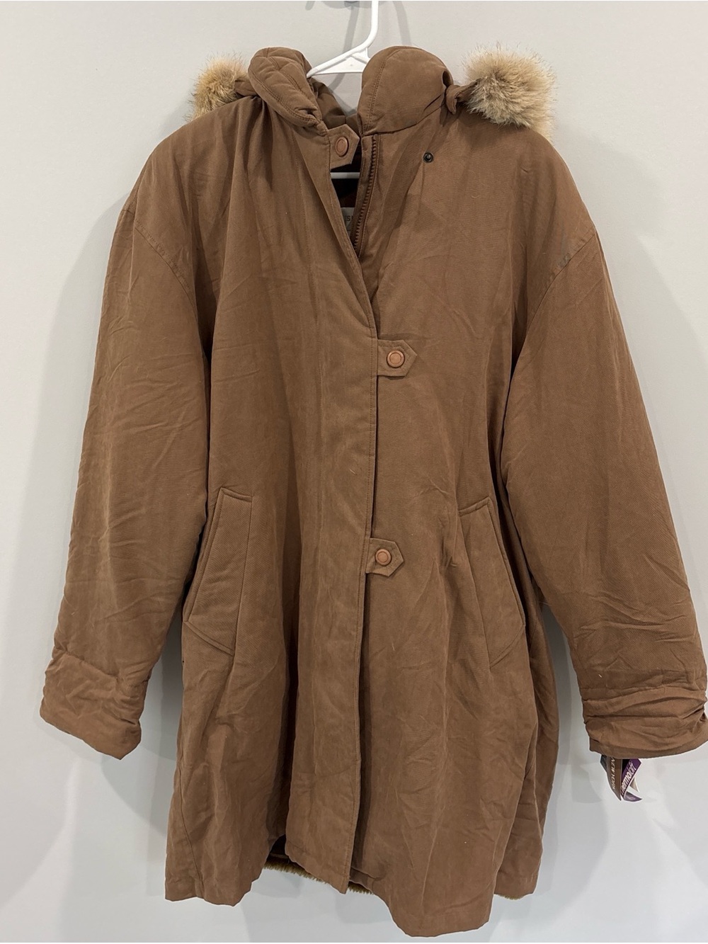 Jones New York Brown Hooded Puffer Coat with Faux-Fur Trim